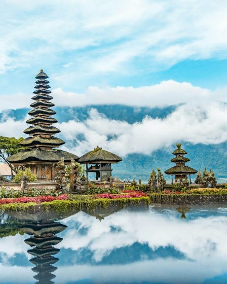 brown and green temple near body of water under blue and white cloudy sky during daytime