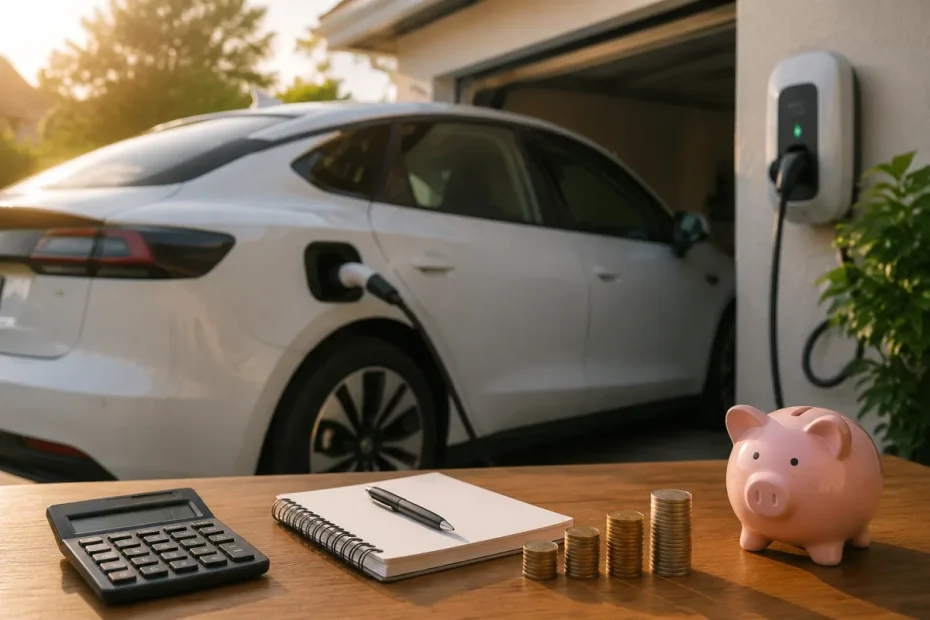 Rangée de voitures électriques en charge sur un parking public en France sous ciel nuageux