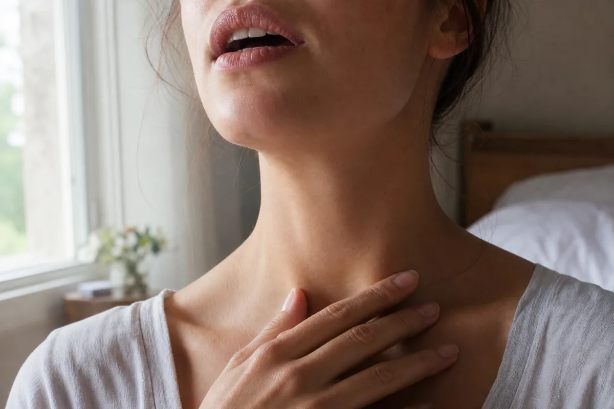 Le plaisir féminin sonore : entre authenticité et inhibition, ce que dit la science Gros plan sur les lèvres légèrement entrouvertes d'une femme, lumière douce et naturelle