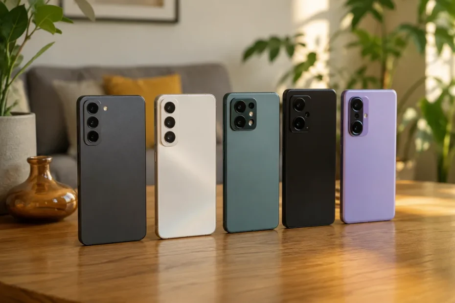 Vue d'ensemble de cinq smartphones milieu de gamme posés côte à côte sur une table, écrans allumés affichant des photos prises avec chaque appareil