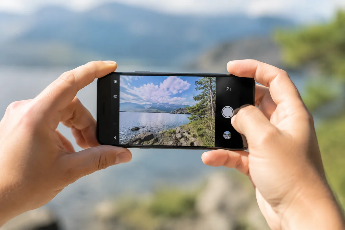 Gros plan sur le module photo triple capteur d'un smartphone Android, objectifs bien visibles sur fond de coque noire mate