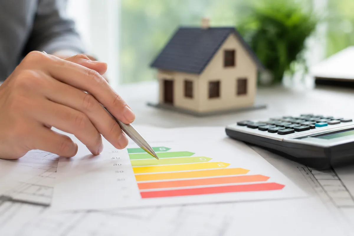 Audit énergétique et DPE : quelle différence et quand en avez-vous besoin ? Gros plan sur l'étiquette énergie d'un DPE posée sur un document de rénovation