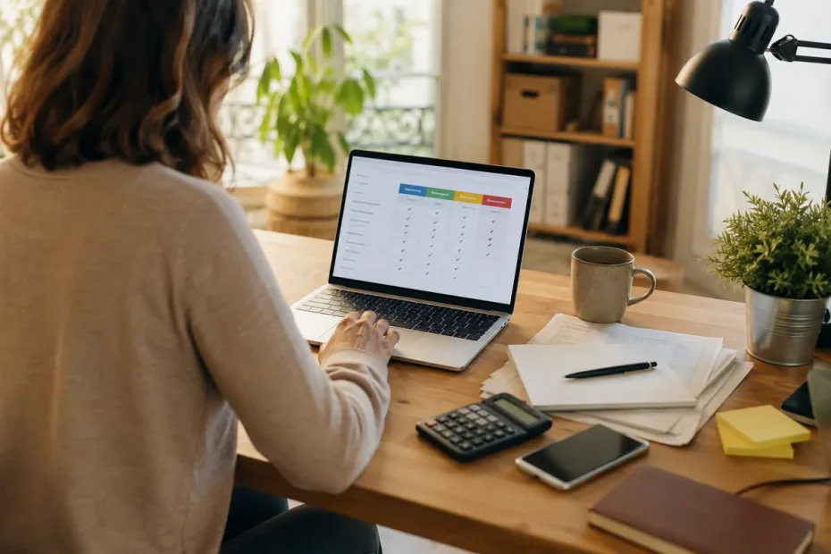 Entrepreneur indépendant comparant des offres de mutuelle santé sur son ordinateur portable dans un bureau lumineux