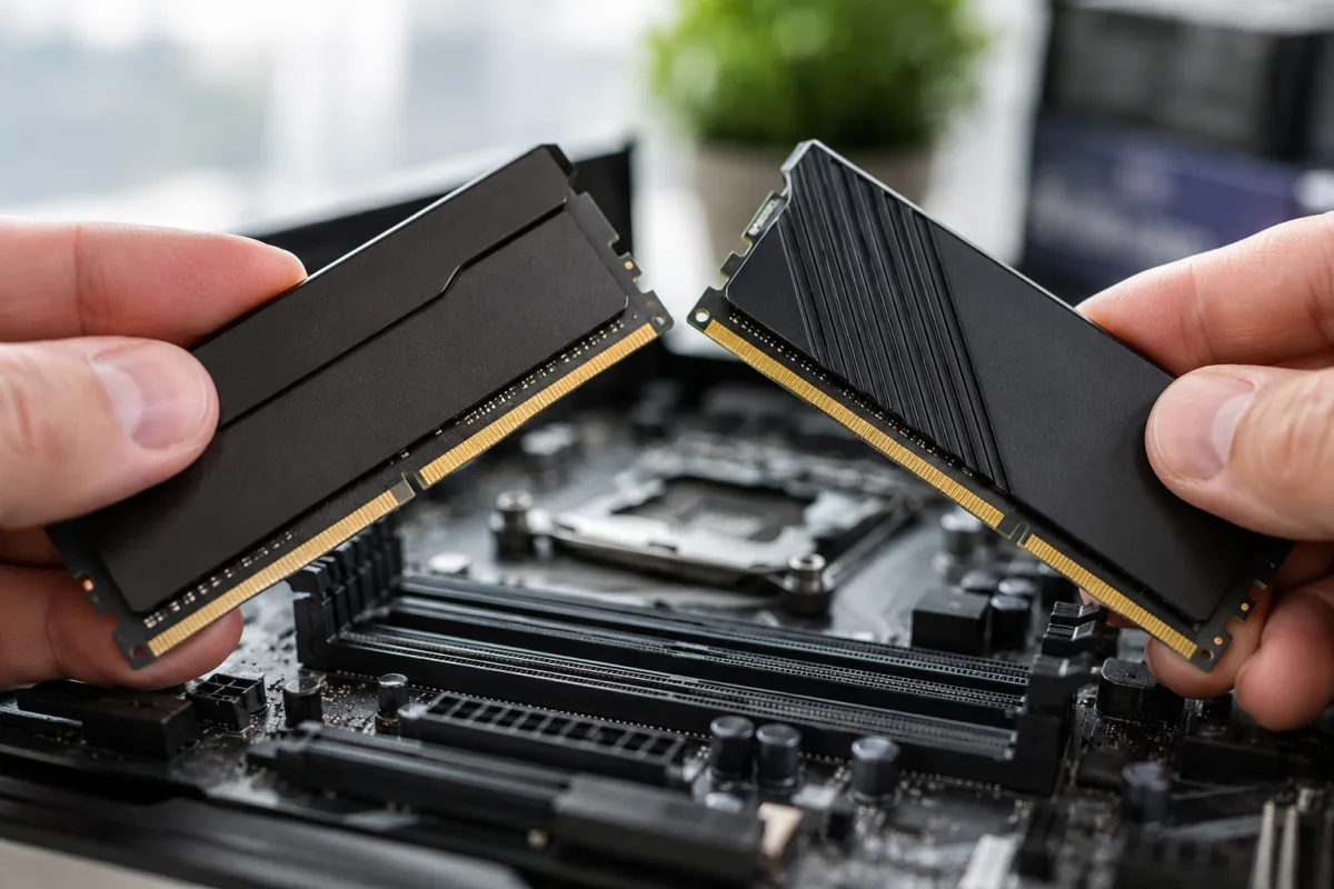 Mémoire vive DDR4 ou DDR5 : laquelle choisir selon votre config Gros plan sur les puces mémoire gravées d'une barrette DDR5 dans un PC ouvert