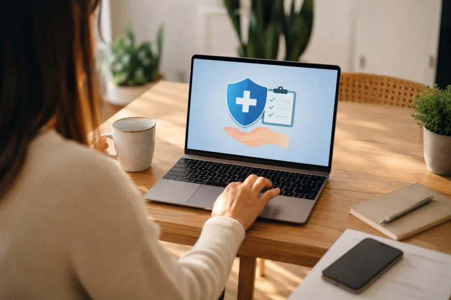 Personne assise à un bureau parcourant des offres de mutuelle santé sur un ordinateur portable