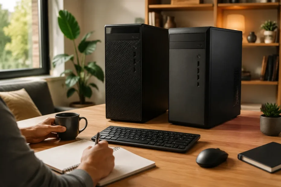Bureau équipé d'un ordinateur de bureau avec écran, clavier et souris dans un espace de travail lumineux