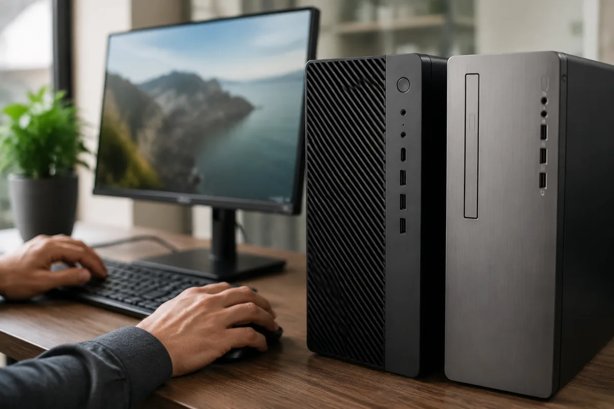 Gros plan sur le port USB et le logo d'une tour de PC de bureau posée sur un bureau en bois