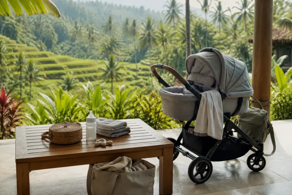 Famille avec nourrisson sous un parasol face aux rizières verdoyantes de Bali en matinée