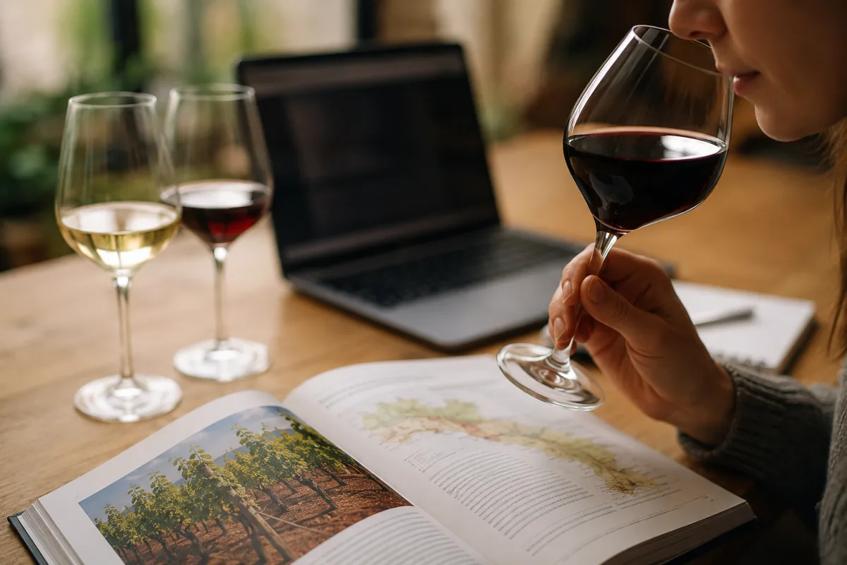 Une main versant du vin rouge dans un verre de degustation graduate lors d un atelier