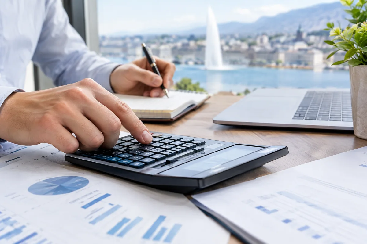 Main posée sur une calculatrice devant un dossier de bilan comptable ouvert sur un bureau